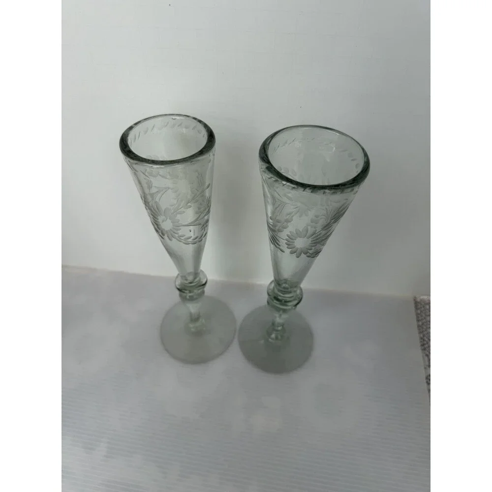 Rios Interiors Hand Blown Etched Champagne Flutes Set of 2 Floral Glass 10” Boho